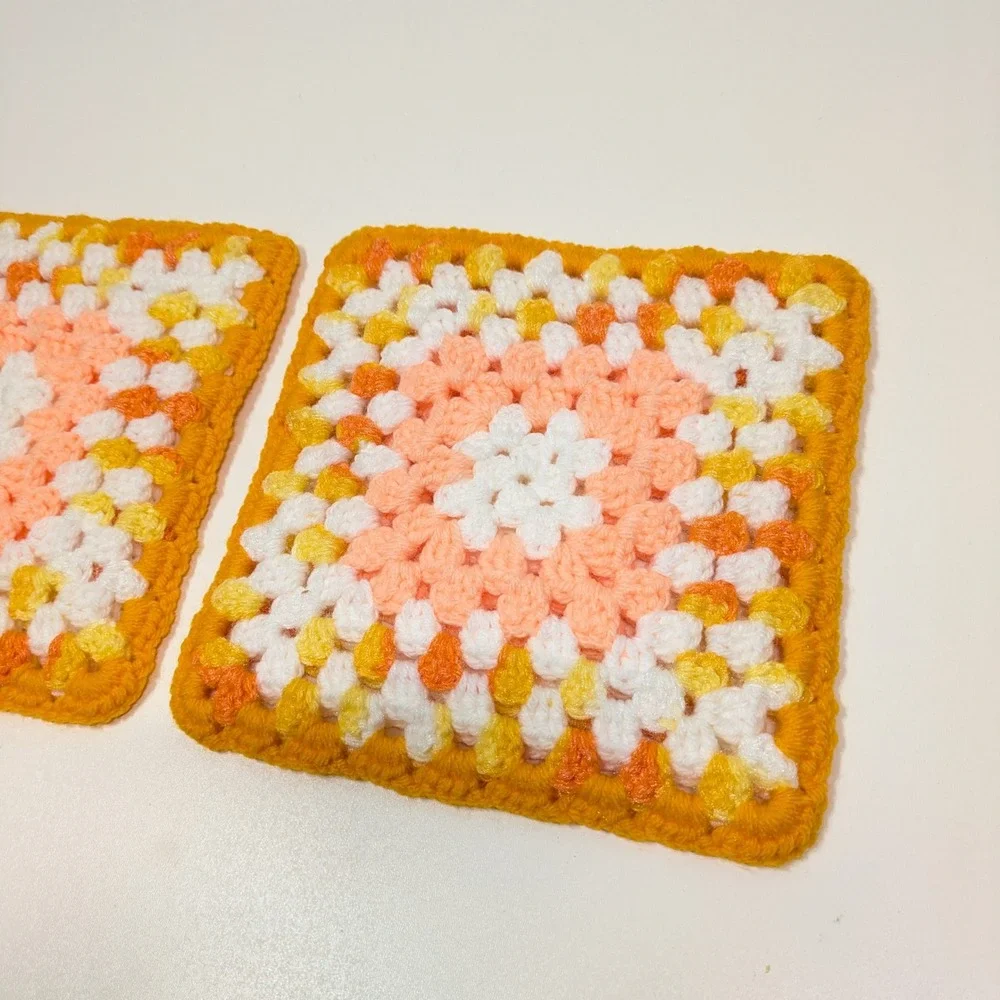Retro Crochet Granny Square Potholders Set 2 Orange Peach 70s Kitchen Hot Pads